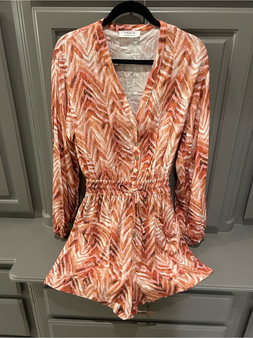 Orange Printed V-Neck Long-Sleeve Romper with Drawstring Waist